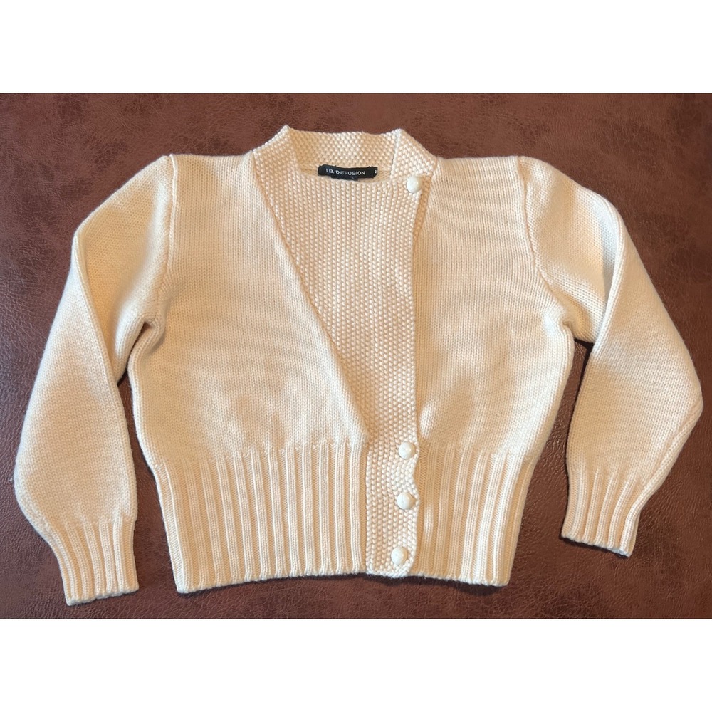 I.B. Diffusion Womens Vintage 100% Wool Cropped Cardigan Sweater Cream Ivory M